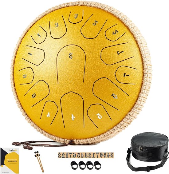 Stalen Tongdrum - Handpan Trommel - Meditatie Ontspanning - 15 Tonen D Majeur - 13 Inch - Goudkleurig