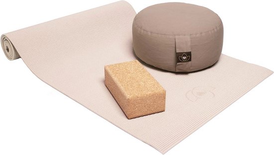 Starterspakket yogamat, meditatiekussen en blok - sand van Merkloos