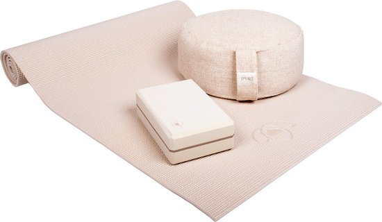 Starterspakket yogamat sand, jute meditatiekussen en crème blok van Merkloos