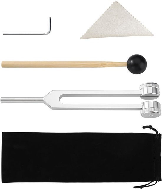 Stemvork 128 Hz van 21,5 cm met accessoires voor klanktherapie, meditatie en ontspanning, inclusief houten lepel en reinigingsdoek van Merkloos