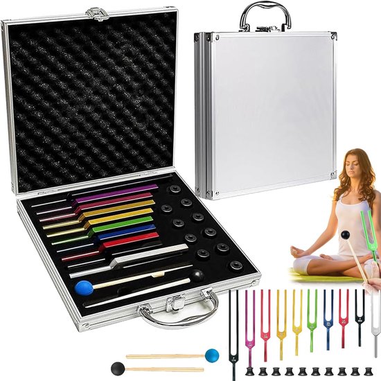 Stemvork, set van 10 stemvorken, reflexhamer, therapeutische stemvork, neurologie 174, 285, 396, 417, 528, 639, 741, 852, 963, 432 Hz, met sokkel, 2 siliconen hamers, reinigingsdoek voor van Merkloos