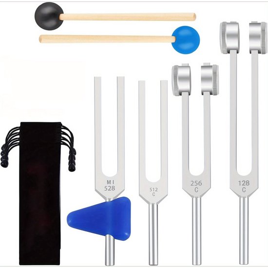 Stemvorken zijn ideaal voor genezing, klanktherapie en het behouden van een perfecte harmonie van geest - Zilver 128+256+512+528hz+ringspanner+reinigingsdoek+blauwe driehoeksvierkante passer+2 hamers in zwart en blauw+4 stukken slijtgomstukken van Merkloos
