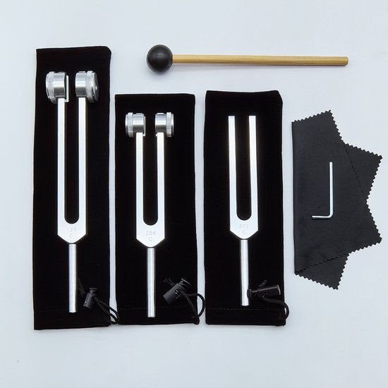 Stemvorkset - Stemvorken zijn ideaal voor genezing, chakra's, klanktherapie en het behouden van een perfecte harmonie van geest-128+256+512+3 doeken+klankhamer+reinigingsdoek van Merkloos