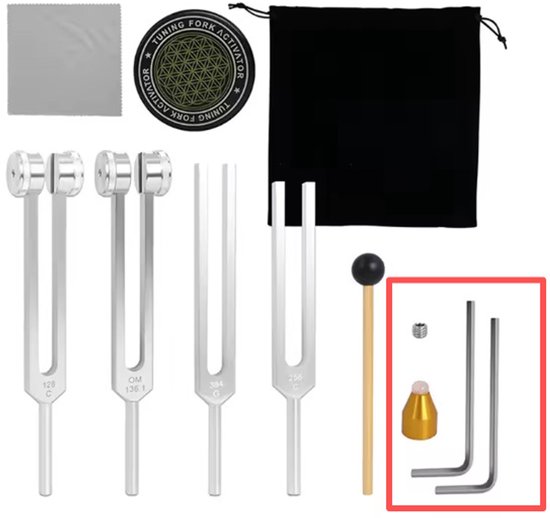 Stemvorkset - Stemvorken zijn ideaal voor genezing, chakra's, klanktherapie en het behouden van een perfecte harmonie van geest, lichaam en ziel - 128+136.1+256+384+gouden basis+geluidsplaat van Merkloos