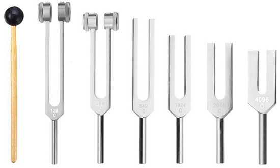 Stemvorkset - Stemvorken zijn ideaal voor genezing, chakra's, klanktherapie en het behouden van een perfecte harmonie van geest, lichaam en ziel - Zilver 128+256+512+1024+2048+4096+zwarte hamerslag van Merkloos