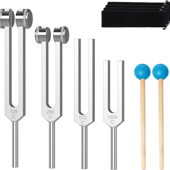 Stemvorkset - Stemvorken zijn ideaal voor genezing, chakra's, klanktherapie en het behouden van een perfecte harmonie van geest, lichaam en ziel - Zilver 128+256+512+1024Hz+doekzak*3+blauwe hamer*2 van Merkloos