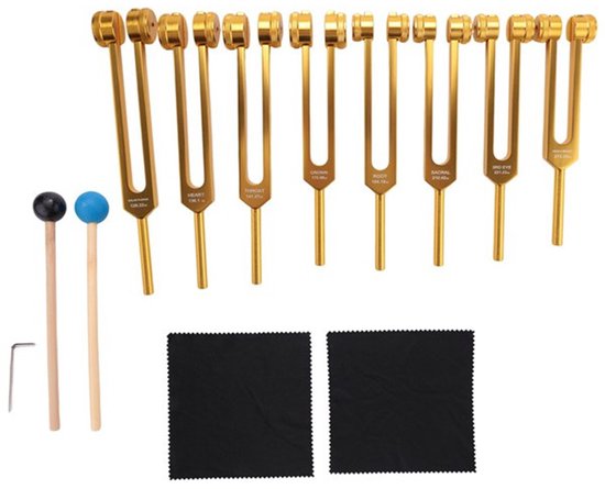 Stemvorkset - Stemvorken zijn ideaal voor genezing, chakra's, klanktherapie en het behouden van een perfecte harmonie van lichaam, geest en ziel - geschikt voor meditatie en genezing - Gouden set van 8 stuks + accessoires van Merkloos