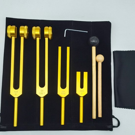 Stemvorkset - Stemvorken zijn ideaal voor genezing, chakratherapie, klanktherapie en het behouden van harmonie tussen geest, lichaam en ziel - Geschikt voor meditatie en genezing - Goud 128+136.1+528+4096+Accessoires van Merkloos