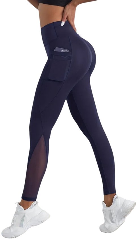 Stijlvolle Dames Sportlegging met Zakken - Mesh Detail - Pocket Legging - Hoog Elastisch – Stijlvol - Comfortabel - Handig - Legging met Zakken - Mesh Paneel - Ademend - Blauw - Maat S van Merkloos