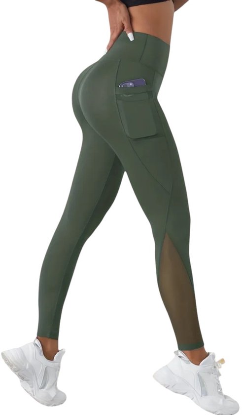 Stijlvolle Dames Sportlegging met Zakken - Mesh Detail - Pocket Legging - Hoog Elastisch – Stijlvol - Comfortabel - Handig - Legging met Zakken - Mesh Paneel - Ademend - Legergroen - Groen - Maat S van Merkloos