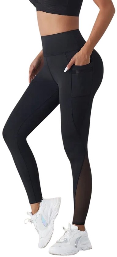 Stijlvolle Dames Sportlegging met Zakken - Mesh Detail - Pocket Legging - Hoog Elastisch – Stijlvol - Comfortabel - Handig - Legging met Zakken - Mesh Paneel - Ademend - Yoga, Fitness & Hardlopen - Zwart - Maat XL van Merkloos