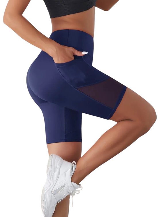 Stijlvolle Pocket Short - Ademend - Mesh Panelen - Breathable - Activewear - Shorts - Met Telefoon Zak - High-Waist - Korte Broek - Fitness - Blauw - Maat S van Merkloos