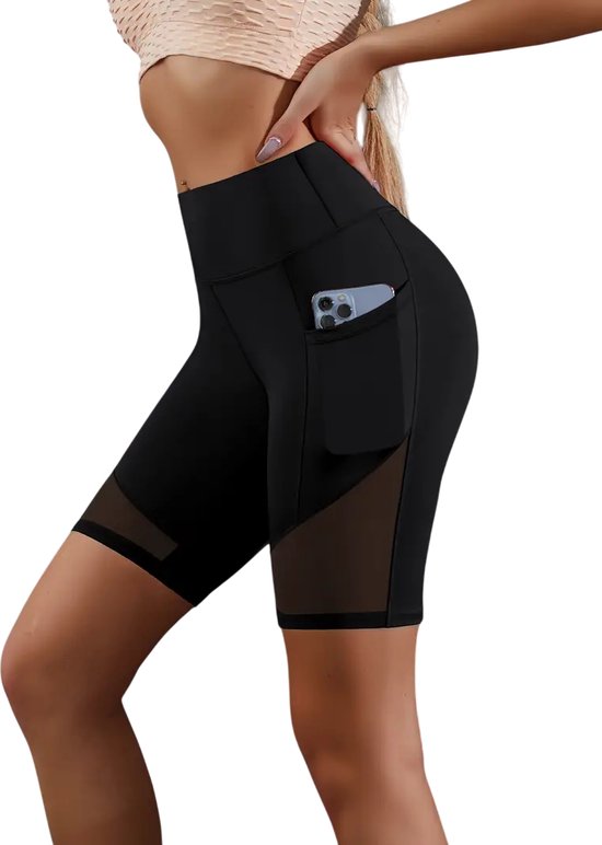 Stijlvolle Pocket Short - Ademend - Mesh Panelen - Breathable - Activewear - Shorts - Met Telefoon Zak - High-Waist - Korte Broek - Fitness - Zwart - Maat S van Fitleasure
