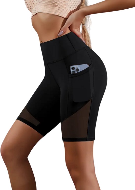 Stijlvolle Pocket Short - Ademend - Mesh Panelen - Breathable - Activewear - Shorts - Met Telefoon Zak - High-Waist - Korte Broek - Fitness - Zwart - Maat XL van Merkloos