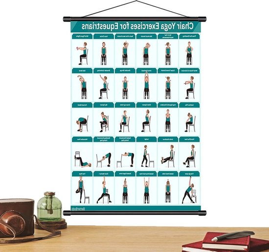 Stoel Yoga Grafiek - Pilates Poster Oefengids - Thuis Fitness - Meer dan 30 Houdingen - 40x60 cm - Blauw