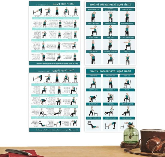 Stoel Yoga Kaarten - Fitness Gids - Flexibiliteit Training - Gedetailleerde Illustraties - 4 Stuks - Groen
