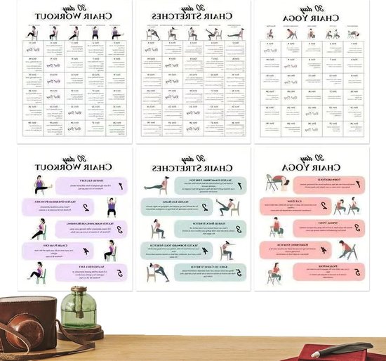Stoel Yoga Kaarten - Fitness Poster - Dagelijkse Wellness - Apparatuurvrije Workouts - 6 Stuks - Gekleurd