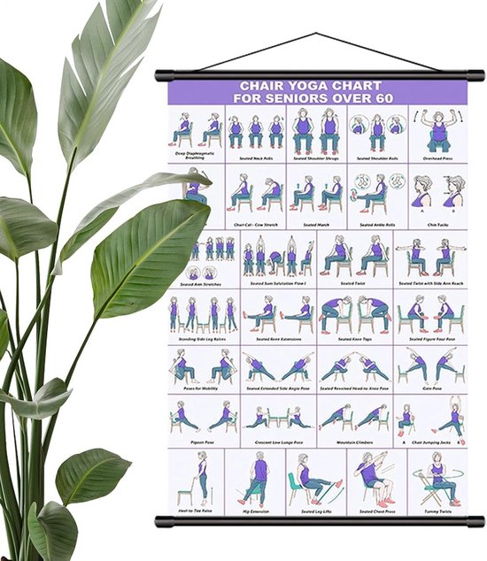 Stoel Yoga Kaarten - Senior Yoga Poster - Thuis Fitness - Meer dan 30 Houdingen - 40 x 60 cm