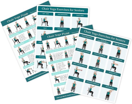 Stoel Yoga Kaarten - Zittende Oefeningen - Flexibiliteit Training - Geïllustreerde Gids - 4 Stuks - Groen