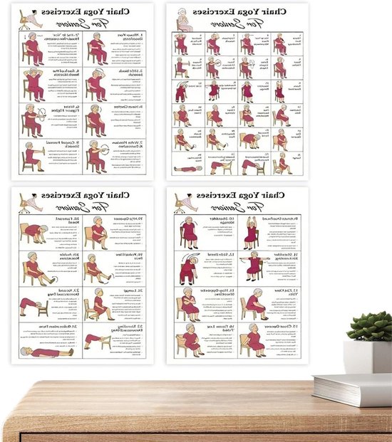 Stoel Yoga Kaarten - Zittende Oefeningen - Flexibiliteit Verbeteren - 4-delige Set - 10 x 8 Inch - Roze
