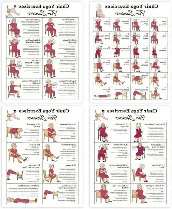 Stoel Yoga Kaarten - Zittende Yoga Poster - Balans Verbeteren - Beginnervriendelijke Illustraties - 4 stuks - Roze