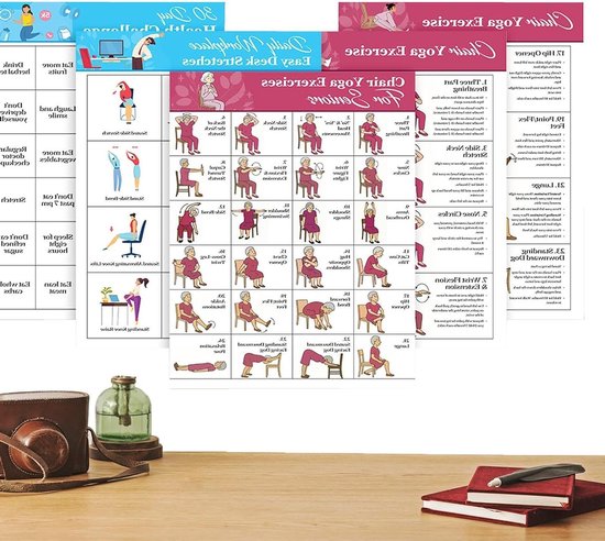 Stoel Yoga Poster - Oefeningen Senioren - Fitness Thuis - 11 Zelfklevende Delen - 29 x 21 cm - Enkele Attribuut