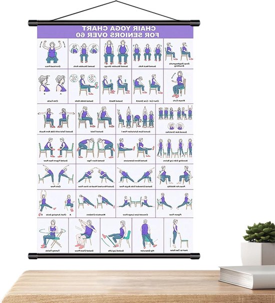 Stoel Yoga Poster - Oefenplan Wandkaart - Fitness Rekoefeningen - Meer dan 30 Poses - 40 x 60 cm - Lila