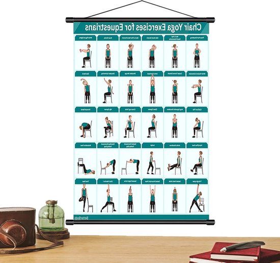 Stoel Yoga Poster - Yogatabel Wandkaart - Thuis Oefenen - Opvouwbaar Ontwerp - 40 x 60 cm - Blauw