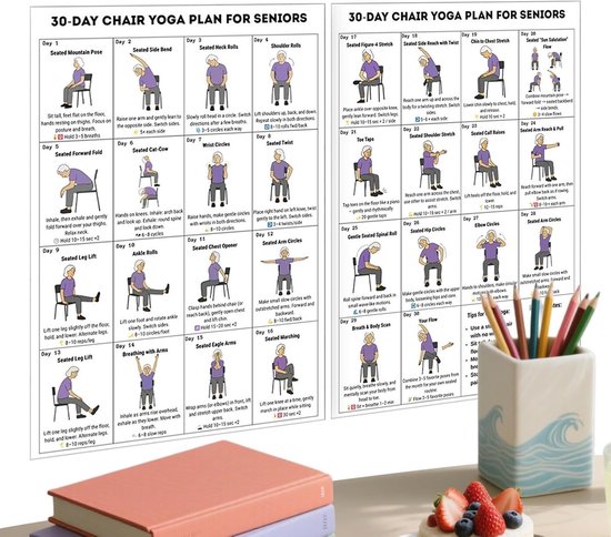 Stoel Yoga Poster - Zittende Oefengids - Senior Fitness - Visuele Stappen - 8 x 10 inch - Meerkleurig