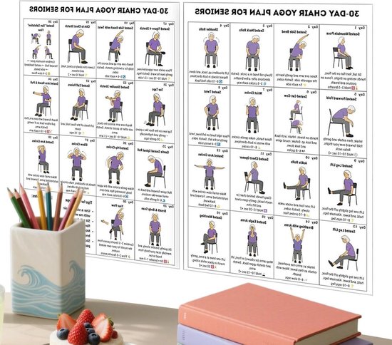 Stoelyoga Poster - Oefenschema Senioren - Thuis Fitness - Beschermt Gewrichten - 20.3x25.4 cm - Blauw