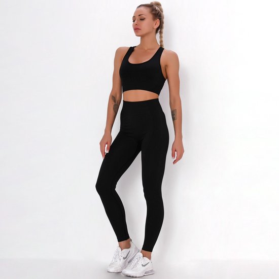 SUNMOOL - Sportlegging High Waist - Sportlegging - Dames Sportlegging - Legging - Hight Waist - Yogalegging - Sport Broek & Bra Set - Zwart - Maat: L van SUNMOOL