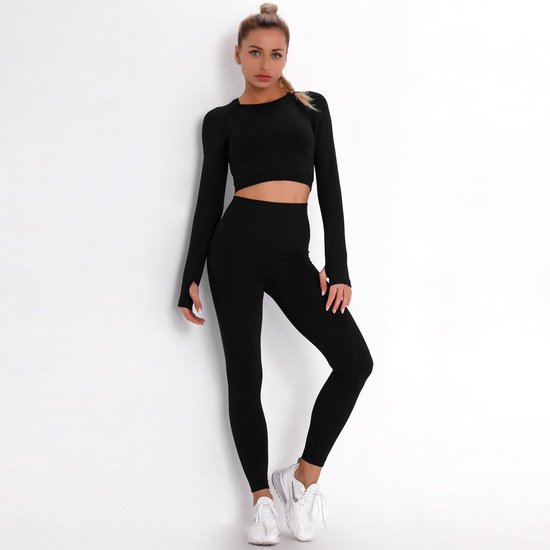 SUNMOOL - Sportlegging High Waist - Sportlegging - Dames Sportlegging - Legging - Hight Waist - Yogalegging - Sport Broek & Top Set - Zwart - Maat: L