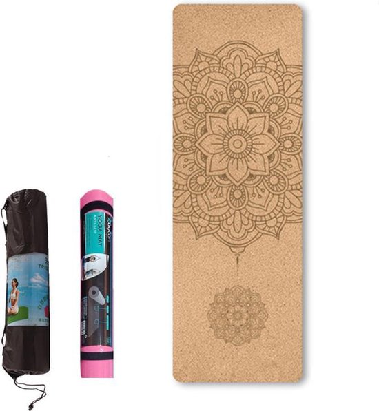 TDR -  Yoga mat met tas- Natuurlijk kurk en TPE - vrij van schadelijke stoffen, hypoallergeen en 100% (biologisch) afbreekbaar - zeer geschikt voor Yin Yoga en Kundalini Yoga met draagtas en draagband- 183x66x0,5 cm - Mandala bloem van TD