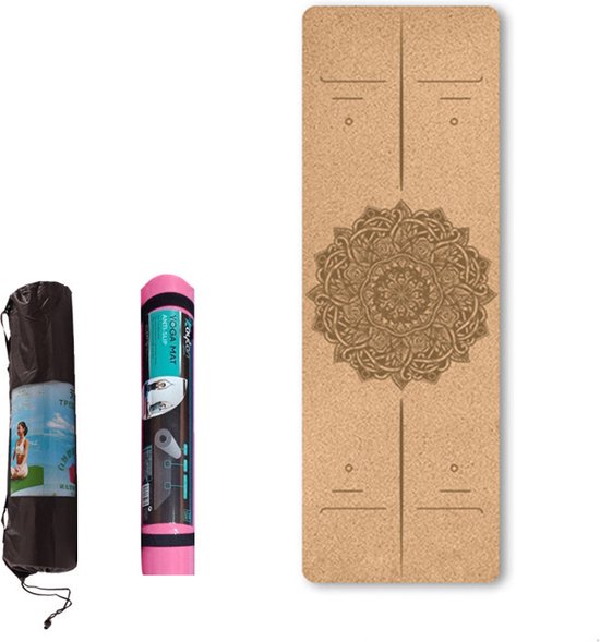 TDR -  Yoga mat - Natuurlijk kurk en TPE - vrij van schadelijke stoffen, hypoallergeen en 100% (biologisch) afbreekbaar -  zeer geschikt voor Yin Yoga en Kundalini Yoga met draagtas met draagtas en draagband- 183x66x0,5 cm - houdingslijn motief van TD