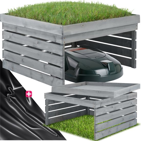 tectake® Garage voor robotmaaier - Houten behuizing met groendak, plantenbak, bloembak - Tuinopslag voor grasmaaier - Weer- en UV-bestendig - 84 x 78 x 46 cm van Tectake