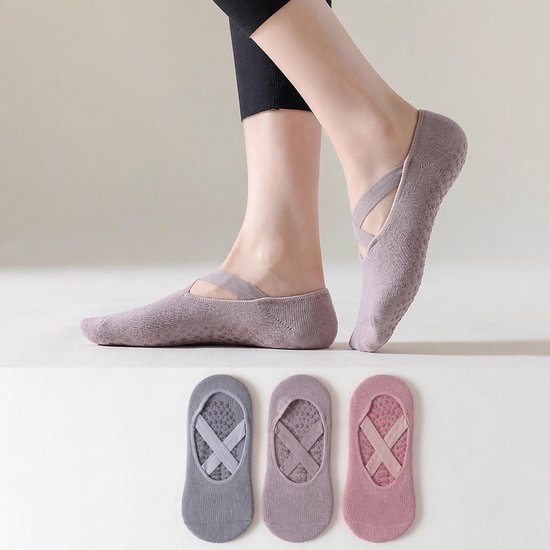 TEKROA® Yogasokken - Yoga Sokken Antislip Dames - Laag - Set van 3 - Gripsokken voor Yoga / Pilates / Ballet - maat36-42 -grijs, Lichtpaars, Roze