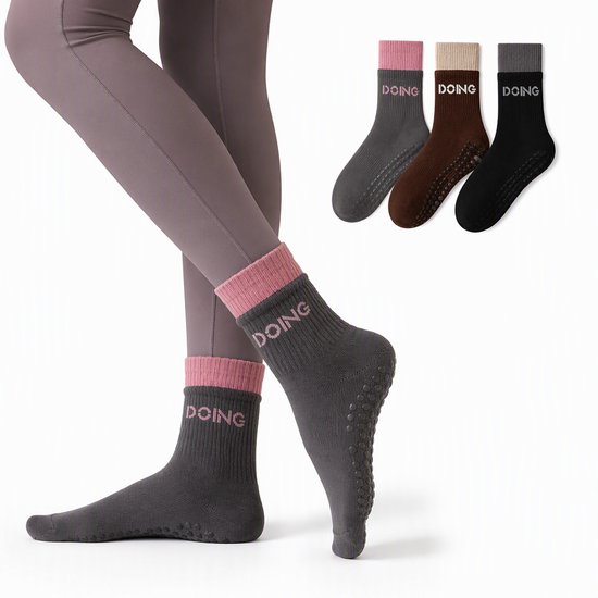 TEKROA® Yogasokken - Yoga Sokken Antislip Dames - Yoga Sokken Hoog - Set van 3 - Gripsokken voor Yoga / Pilates / Ballet - maat35-40 - grijs, Koffiekleurig，zwart
