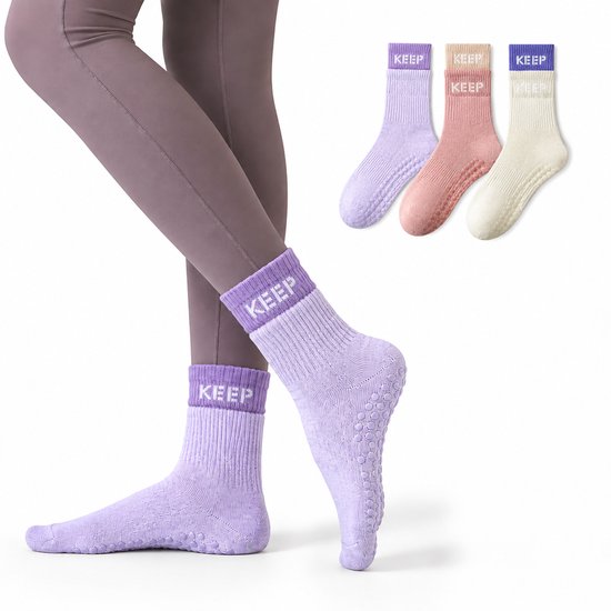 TEKROA® Yogasokken - Yoga Sokken Antislip Dames - Yoga Sokken Hoog - Set van 3 - Gripsokken voor Yoga / Pilates / Ballet - maat35-40 -wit, Paars，roed