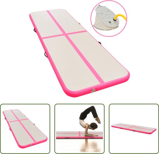 The Living Store Opblaasbare sportmat - 800 x 100 x 10 cm - schokabsorberend - waterdicht - grijs/roze - inclusief pomp van T