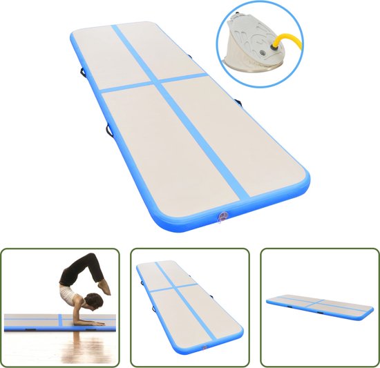 The Living Store Opblaasbare Sportmat - Grote en professionele mat - 400 x 100 x 10 cm - Schokabsorberend - antislip - Grijs/Blauw van The Living Store