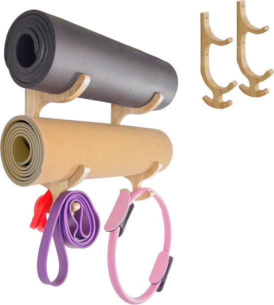 Thijox - Houten Yogamat Houder Wandhouder - Home Gym Decor - Opslag voor Yogamat en Weerstandsbanden - Garage Gym Accessoires - Organizer voor Thuis