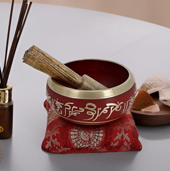 Tibetaanse boeddhistische klankschaal van metaal voor meditatie - inclusief staaf en kussen - 127 cm bragsterrencollectie singing bowl set van Bragsterrencollectie