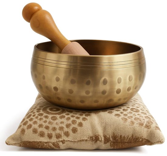 Tibetaanse Handgehakte Brons Klankschaal Set – Inclusief Meditatiekussen & Houten Klopper | Voor Yoga, Meditatie, Reiki, Chakra Healing, Sound Bath, Stressvermindering met Kajal Sticker