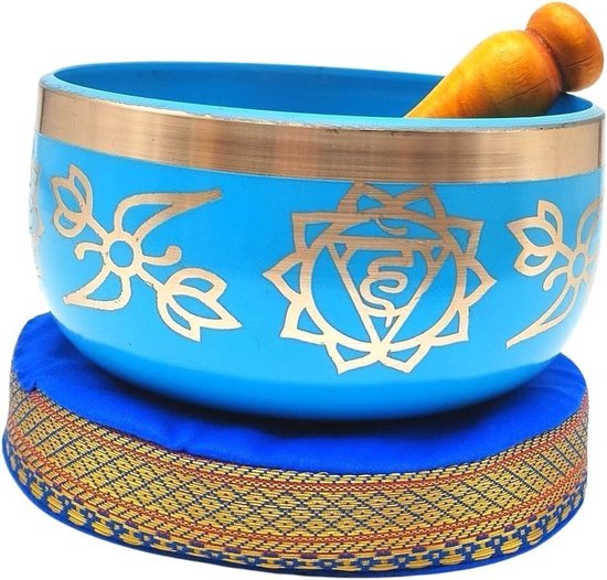 Tibetaanse Hemelsblauw Klankschaal Set met Houten Klopper & Kussen – Handgemaakt voor Meditatie, Yoga, Klanktherapie & Spirituele Praktijken | Met Kajal Sticker van Zensoft