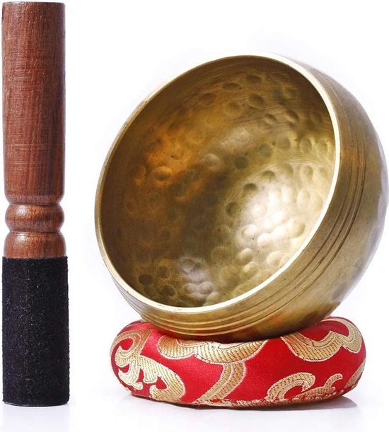 Tibetaanse Klankschaal - incl. Aanstrijkhout & Kussen - Klank Schaal - Meditatie, Yoga, Chakra - Rood - 8 cm van Merkloos