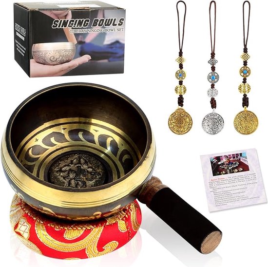 Tibetaanse klankschaal - Klankschalen Set Met 3 koperen Ornamenten - Klankschaalkussens en hout-/leren Knokkels - Geschenkdoos - Rust en Ontspanning van Meditation Moments