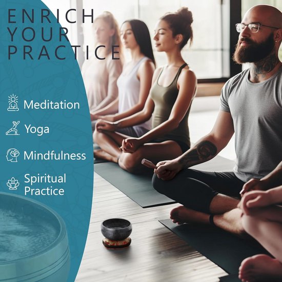 Tibetaanse klankschaal, matzwart, met hoogwaardige houten klepel en Himalaya-kussen, perfect voor yoga, meditatie, ontspanning en aandachtzaamheid, de ideale cadeauset van T