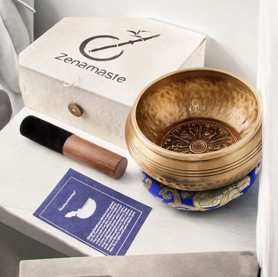 Tibetaanse klankschaal meditatie • Handgemaakt in Bhaktapur (Nepal) • 450 g = 11,5 cm • Zen-Box • Nepalepapier – kussen klankschaal (antiek chakra-metaal) – houten klem. van T