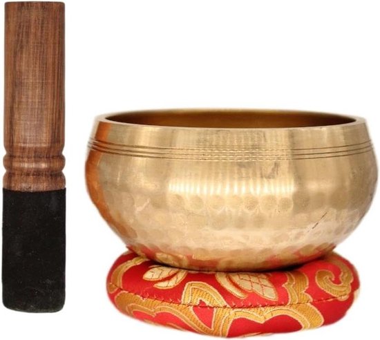 Tibetaanse klankschaal met sokkel en houten koepel - handgemaakt voor genezing en meditatie - Golden Hammered van Boeddhafon