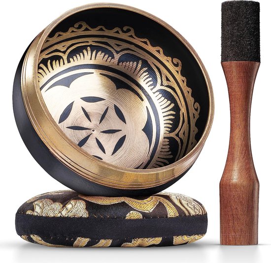 Tibetaanse klankschaal, mooie designs, met klopper en kussen, ideaal voor meditatie, ontspanning, stress en angstreductie, yoga, zen, perfect cadeau, zwart